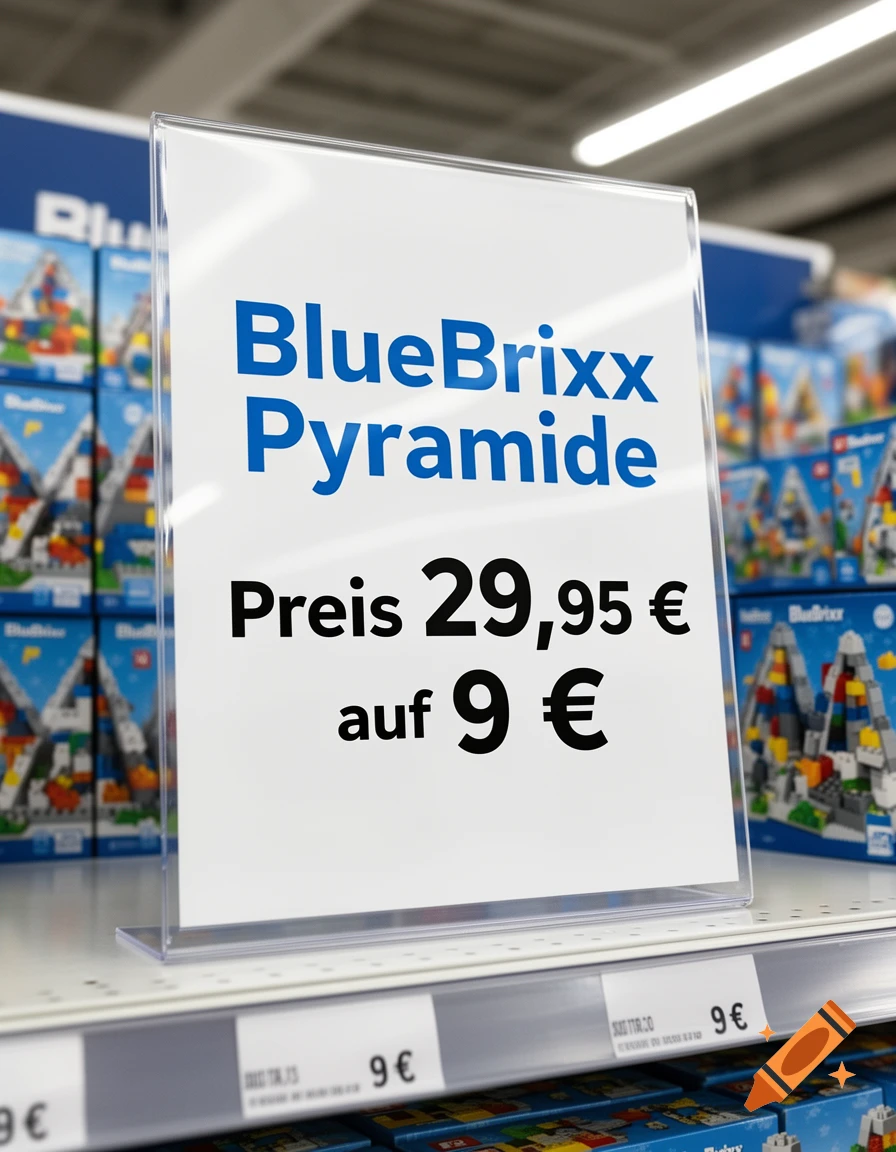 A photorealistic price sign for 'BlueBrixx Pyramide' in a store, showing '29,95 ", "auf 9 ", with toy boxes on shelves.