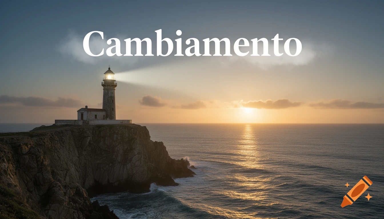 A photorealistic image of a lighthouse on a rocky cliff overlooking the ocean at sunset, with the word 'Cambbiamento' in the sky.