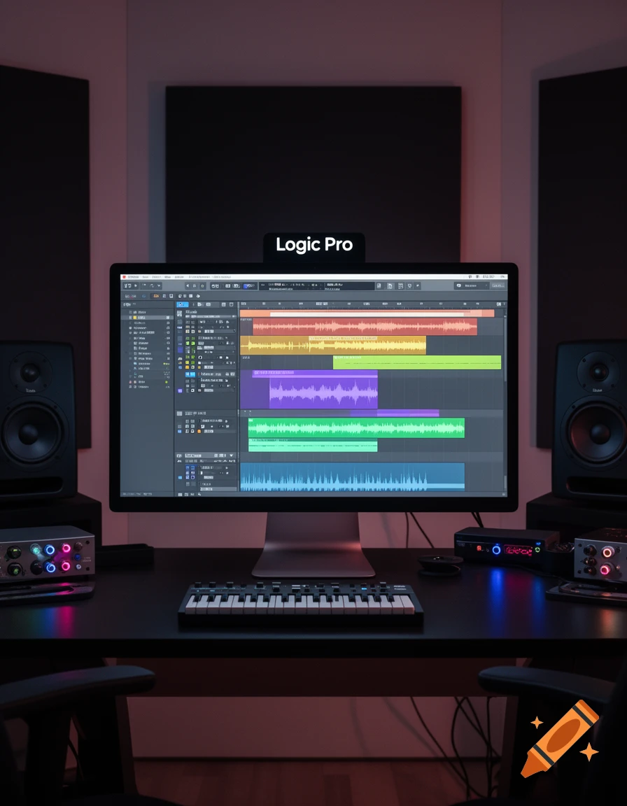 A dimly lit, photorealistic music studio setup with a monitor displaying Logic Pro, speakers, and a MIDI keyboard on a dark desk.