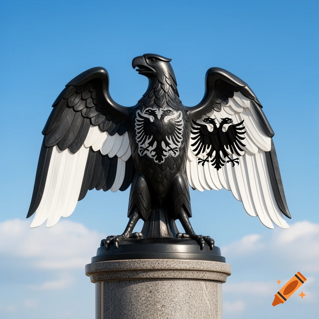 A black and white eagle statue with two-headed eagle emblems on its chest and wing, standing on a stone pedestal against a blue sky.