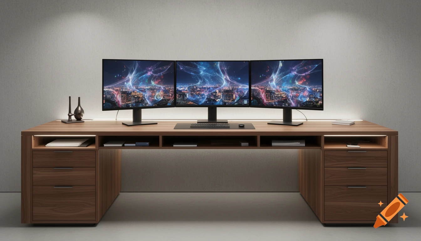 A spacious wooden PC desk with integrated storage and three large curved monitors displaying a vibrant, abstract cityscape.