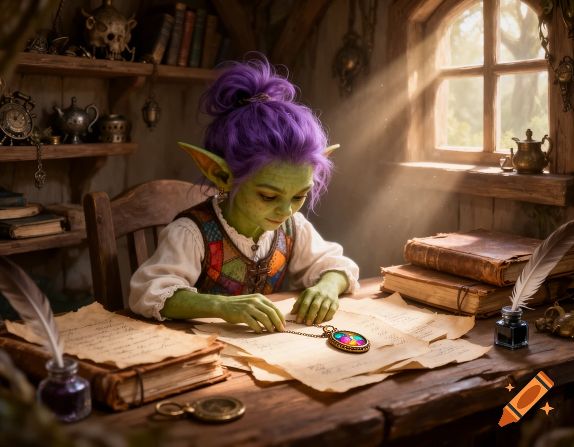 A green-skinned goblin with purple hair and pointed ears sits at a rustic wooden desk, examining papers and a colorful pendant. Sunbeams stream through a window in the cozy, cluttered room.