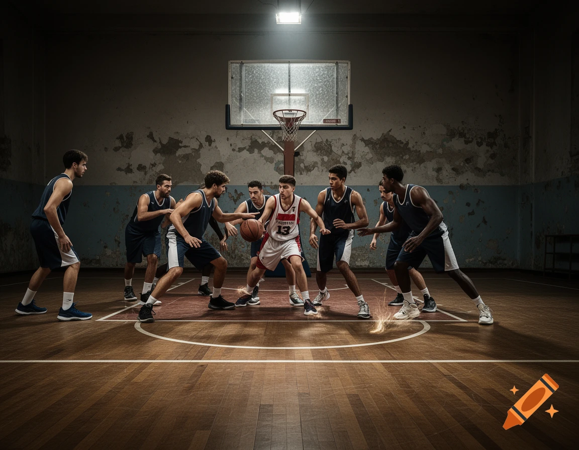 A group of male basketball players in blue and white jerseys on a worn-out wooden court, one player dribbling the ball near the center circle.