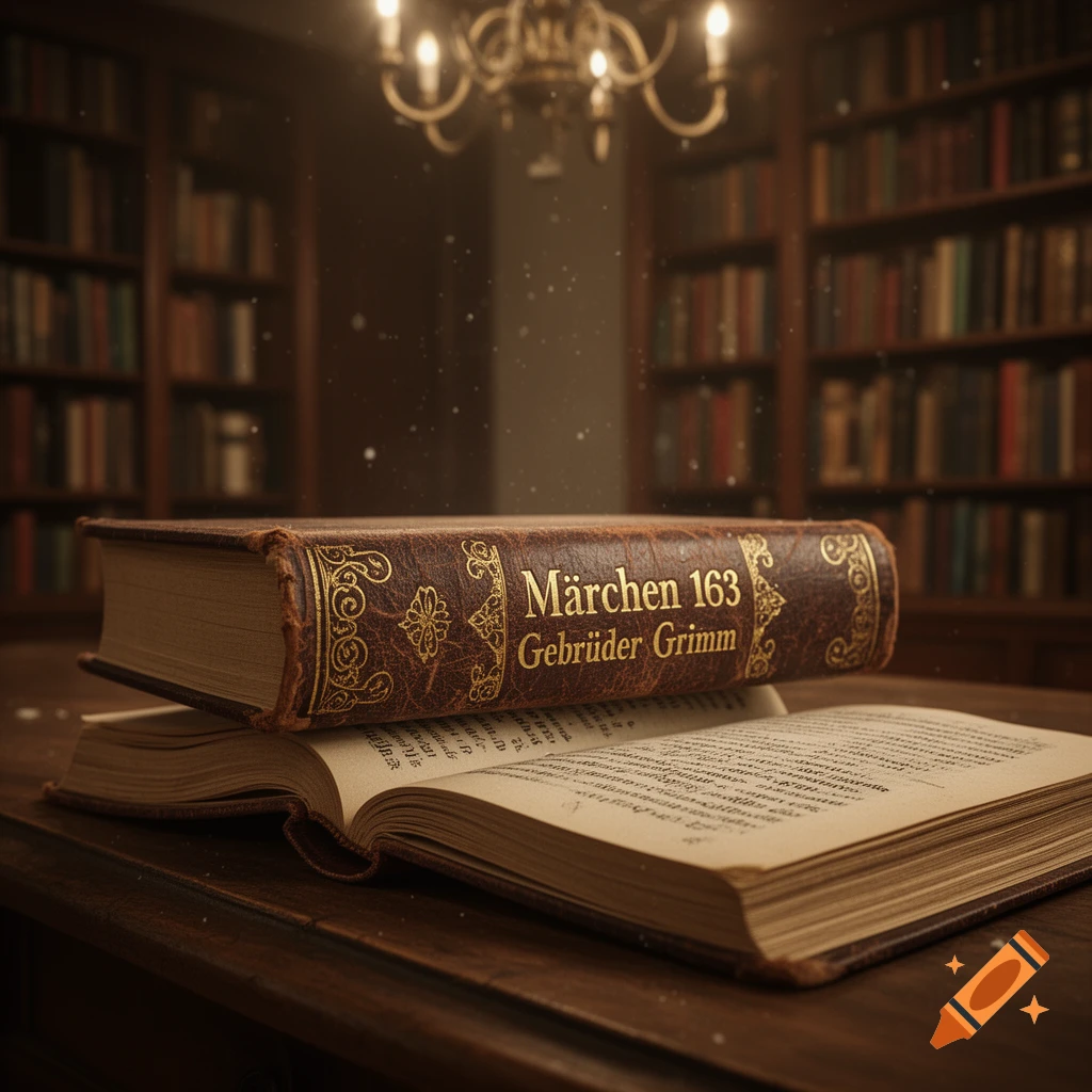 A richly detailed, vintage-style book titled "Märchen 163 Gebrüder Grimm" lies open on another book in a dimly lit library.
