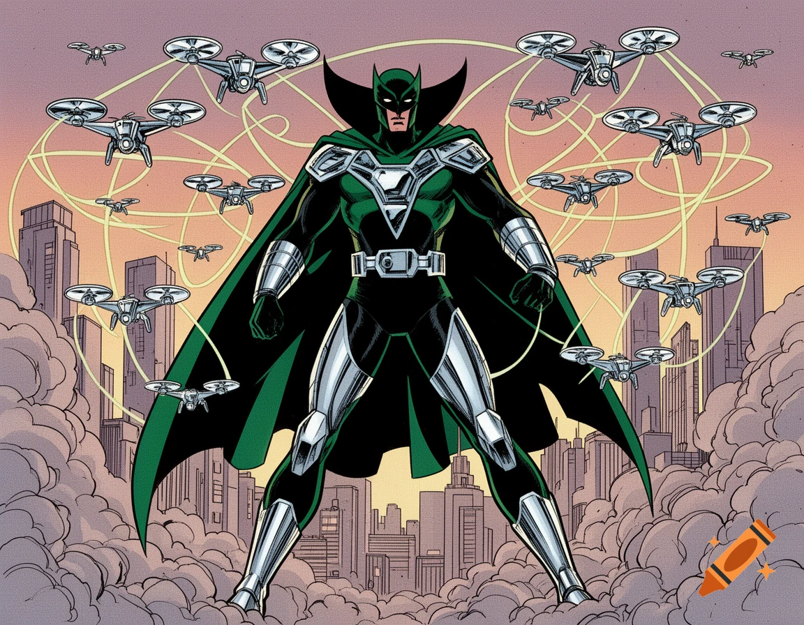 A dark green and silver supervillain with a cape stands in a city, surrounded by many flying drones, in 1980s comic style.