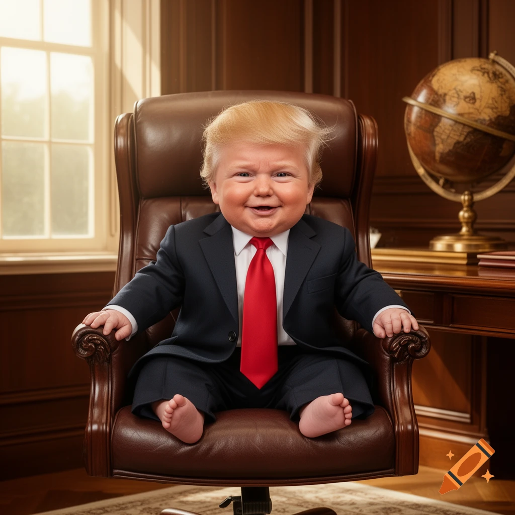 A baby with blond hair, resembling Donald Trump, sits in a brown leather office chair, wearing a dark suit and red tie, smiling.