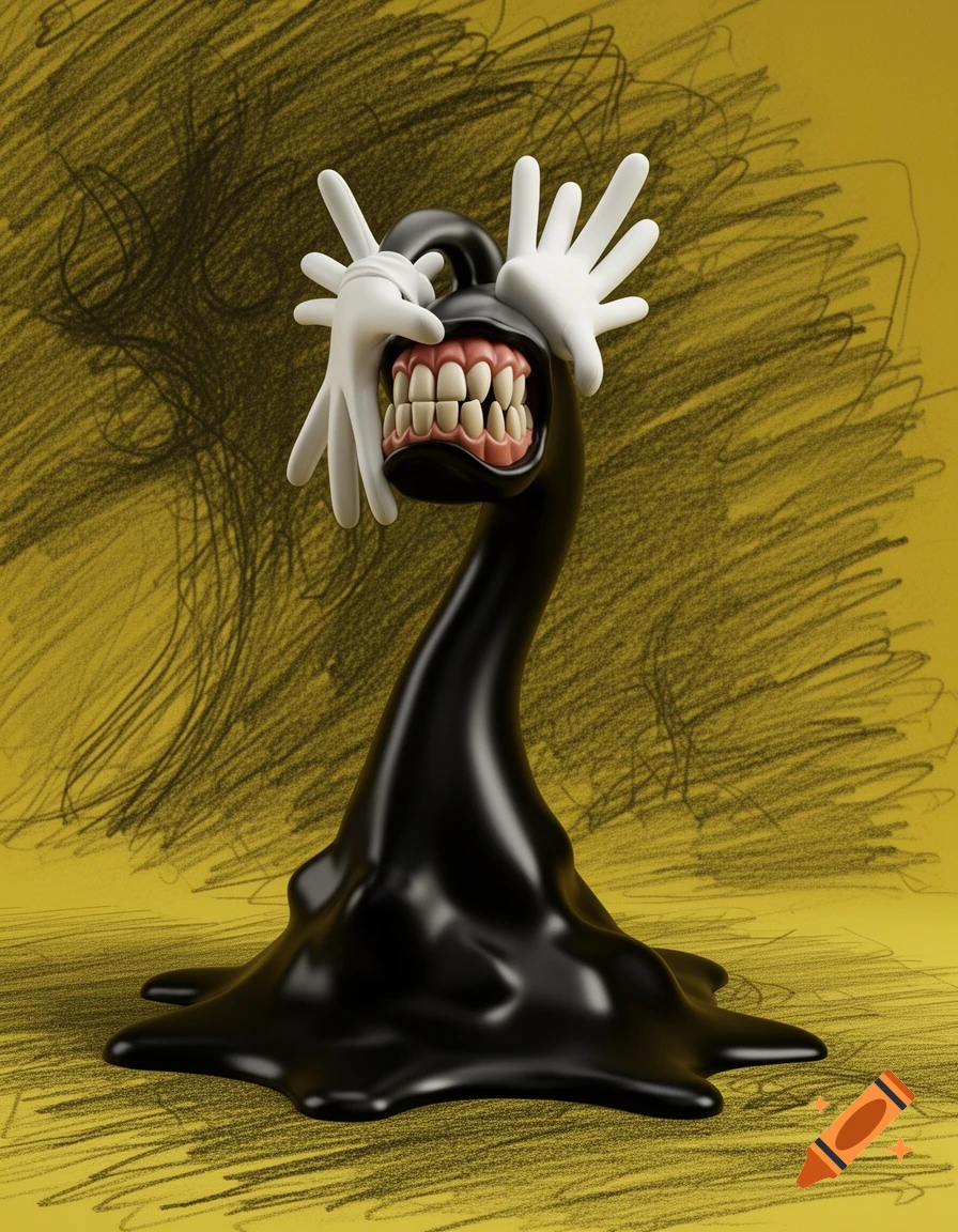 A stylized black goo creature with an open mouth full of teeth and white cartoon hands over its head on a scribbled yellow background.