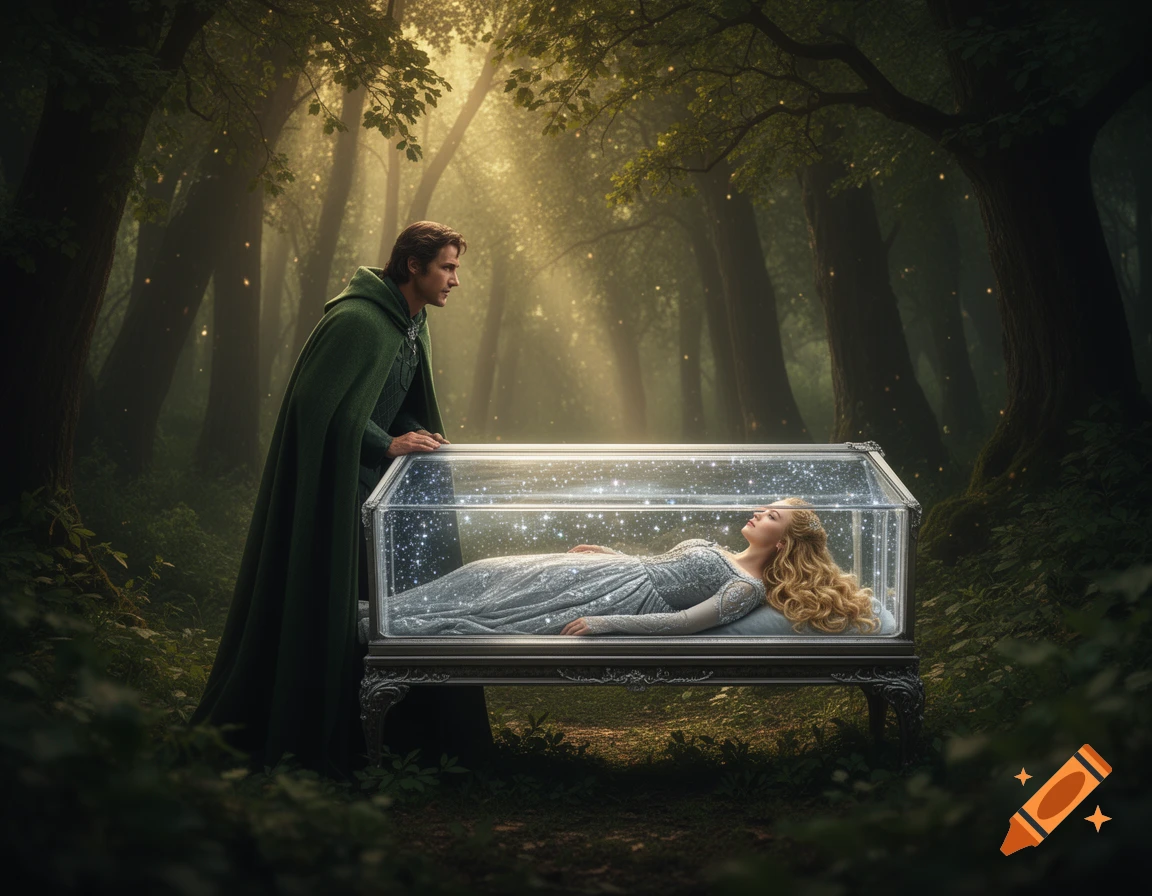 A man in a green cloak gazes at a blonde woman sleeping in a sparkling glass coffin in a mystical forest.