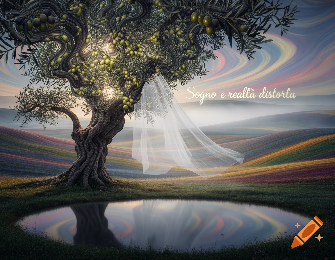 A gnarled olive tree and a flowing white veil by a pond, reflecting a pastel swirling sky over rolling hills, with text 'Sogno e realtà distorta'.