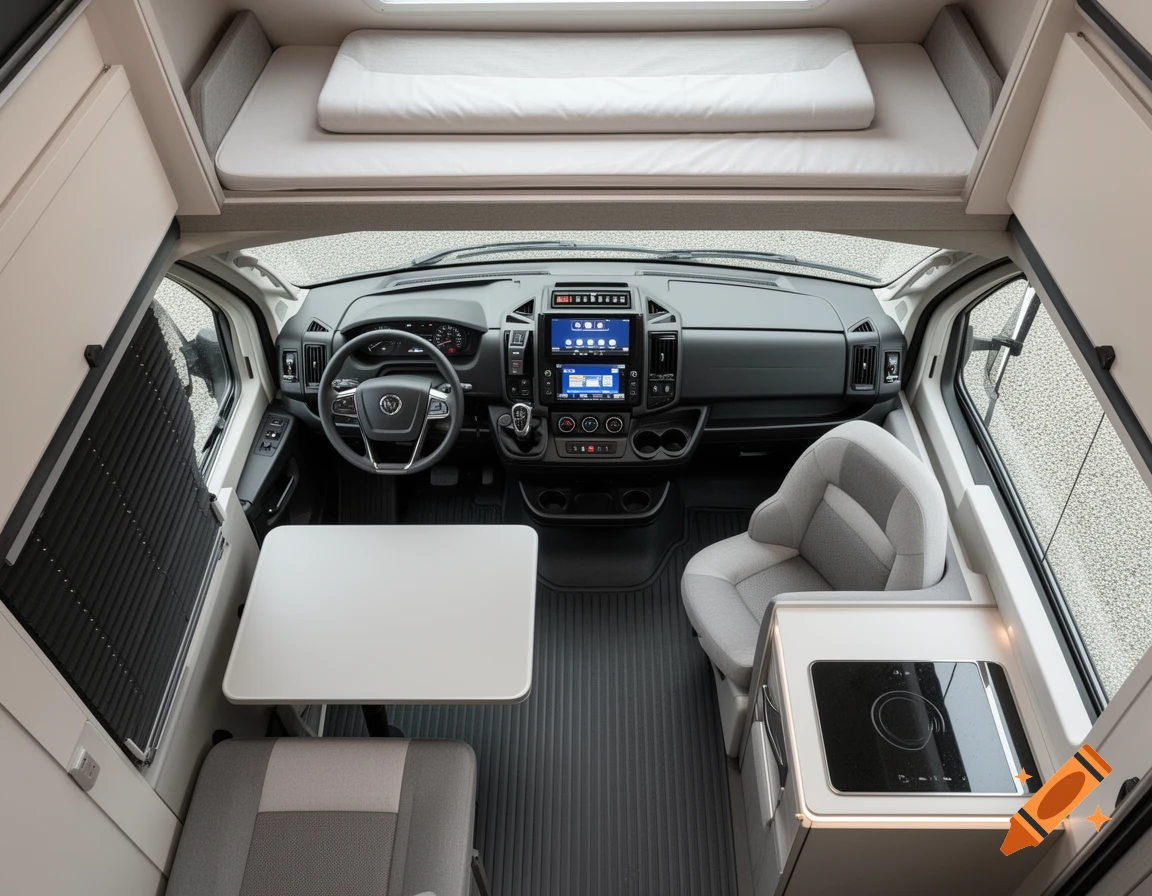 High-angle view of a modern Class C RV interior, featuring an overhead bed, dashboard, foldable table, kitchen area, and a corner seat.
