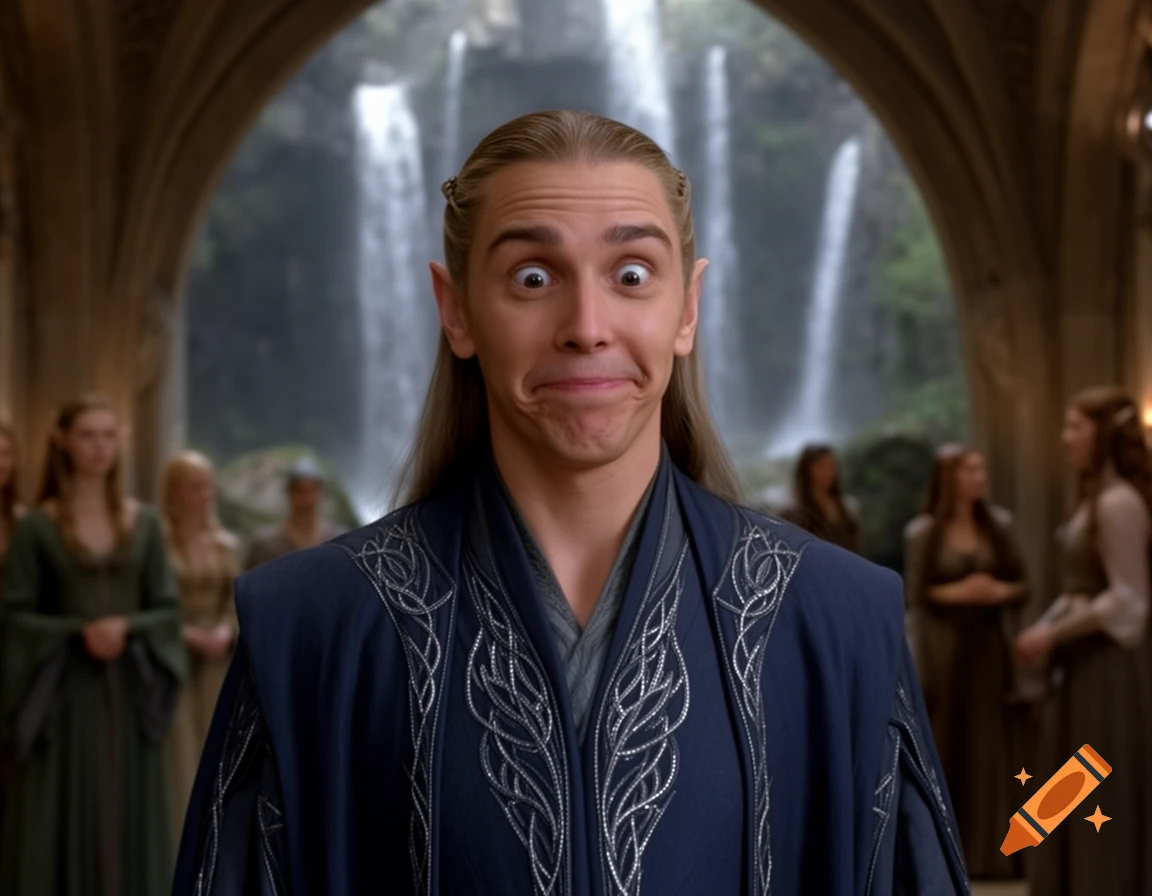 Photorealistic portrait of Figwit from Lord of the Rings making a funny, cross-eyed face in an elven hall with waterfalls.