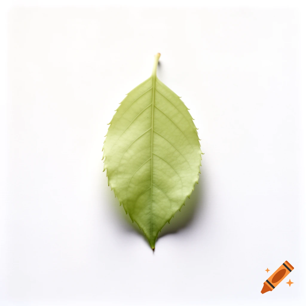 A light green leaf with serrated edges and visible veins, centered against a bright white background.