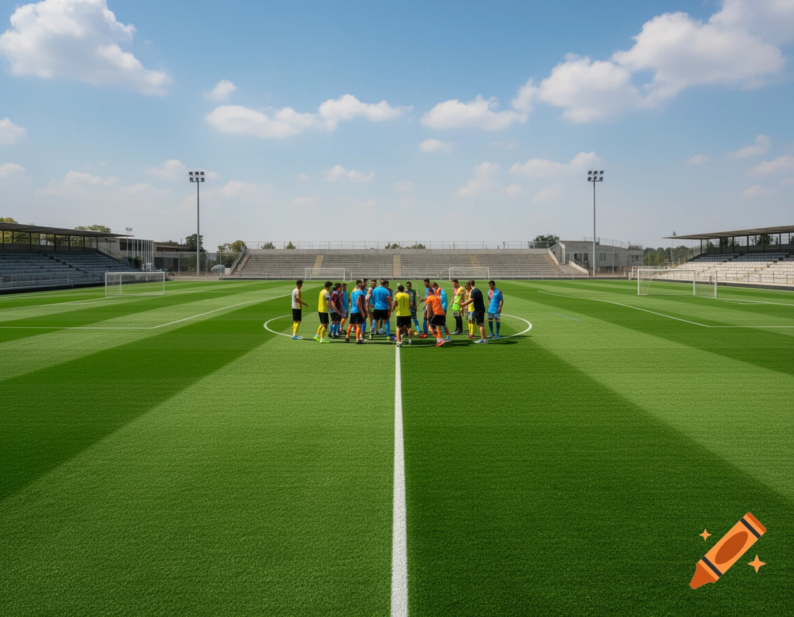 Soccer players gather in a huddle on a green field in a stadium under a blue sky.