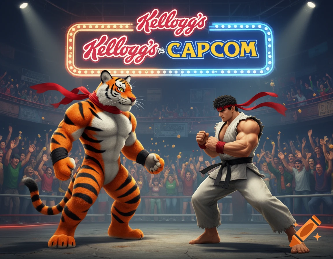 Cartoon tiger mascot and Ryu from Street Fighter face off in a boxing ring under a neon 'Kellogg's vs CAPCOM' sign.