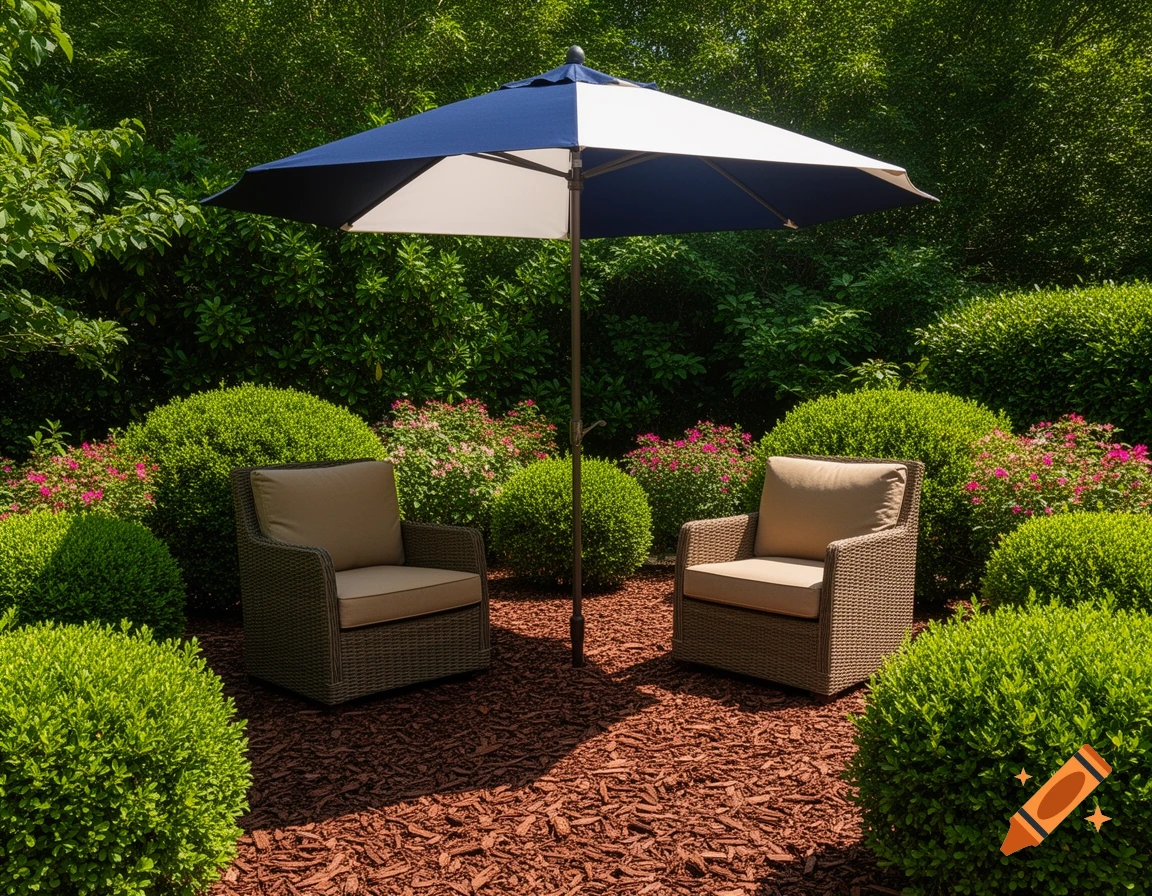 A tranquil outdoor patio features two wicker chairs, a blue and white umbrella, and reddish bark mulch, surrounded by lush green bushes and vibrant pink flowers.