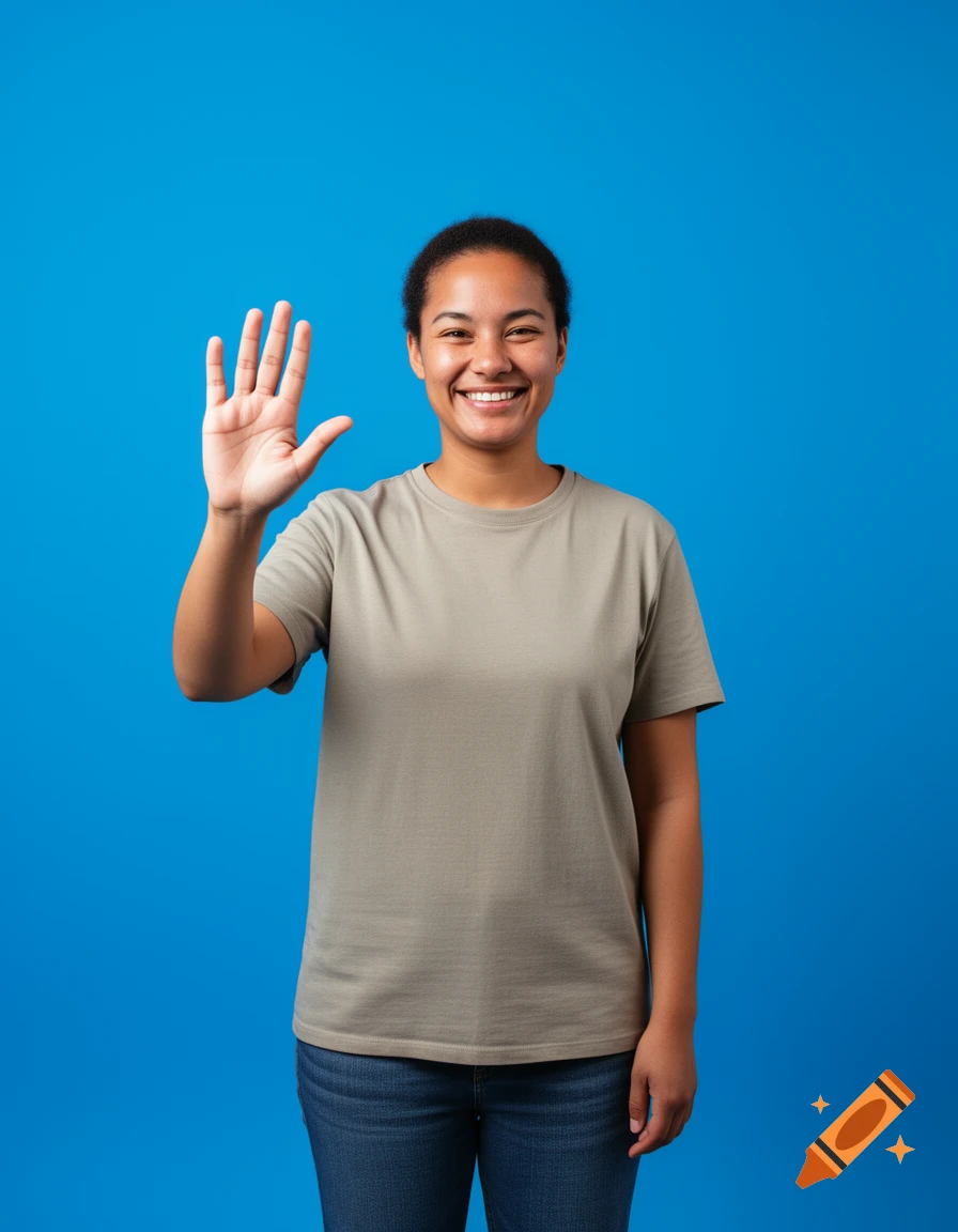 A smiling young woman in a grey t-shirt and blue jeans waves against a blue background, showing an open palm.