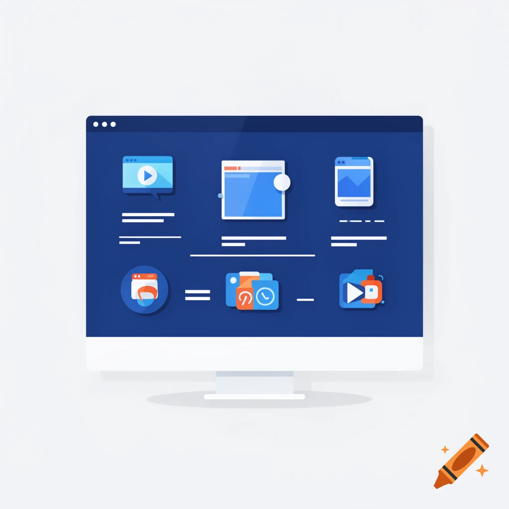 A flat design illustration of a computer monitor displaying a dark blue dashboard with various application icons and UI elements.