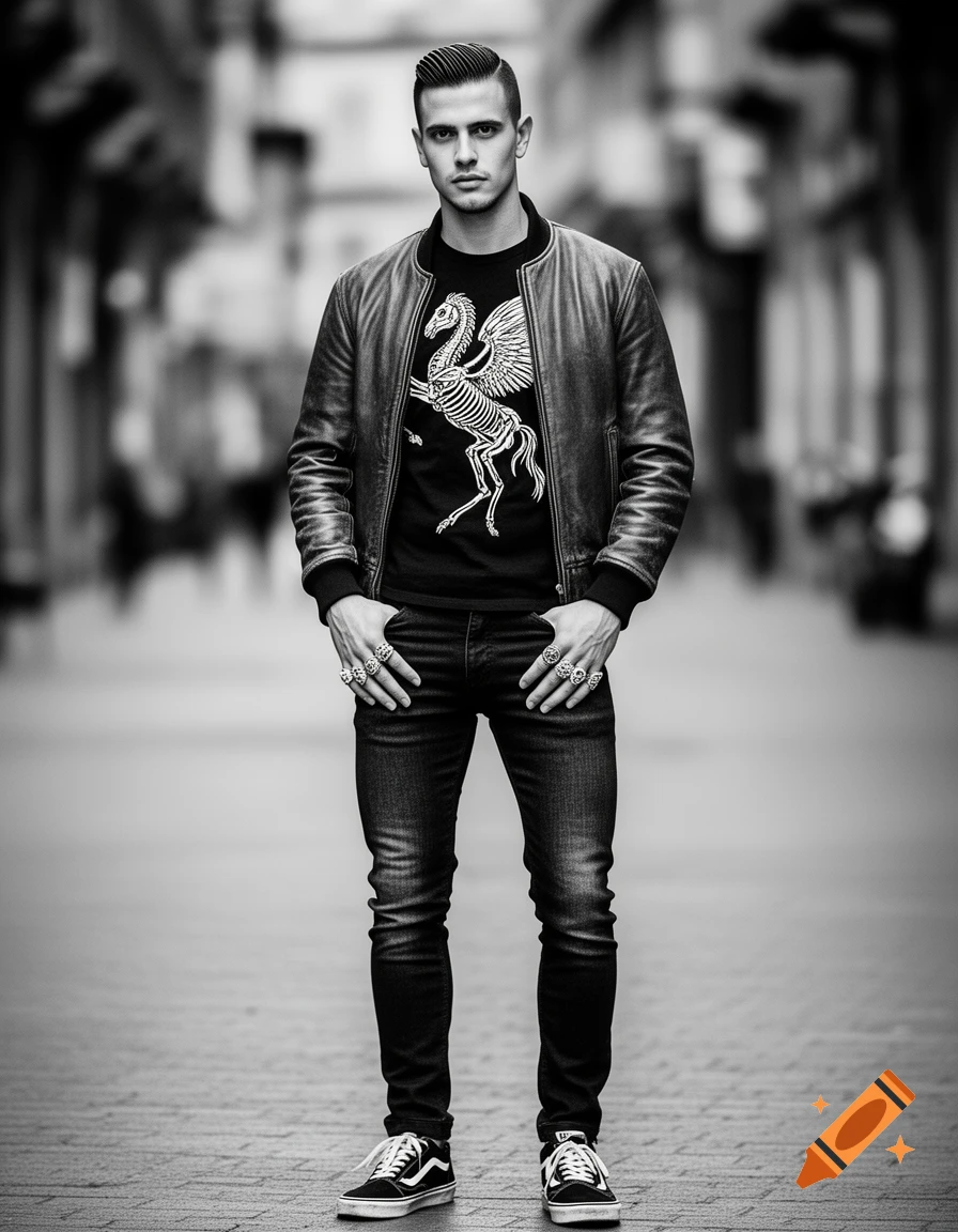 A stylish man with a 1930s haircut in a black leather bomber jacket, skeleton pegasus t-shirt, faded jeans, rings, and Vans shoes, stands on a street.