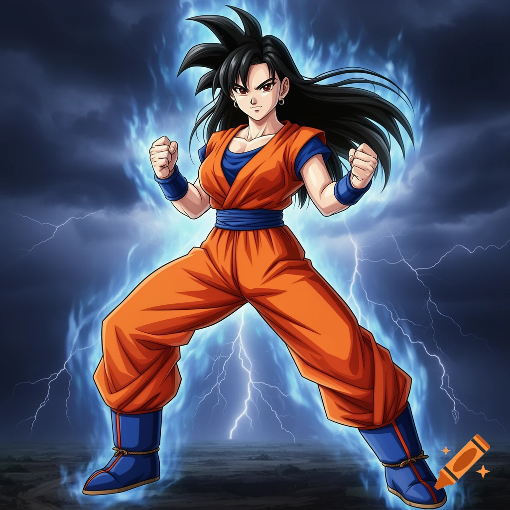 Anime character resembling Tifa Lockhart in Goku's orange gi, posed with blue lightning crackling around her.
