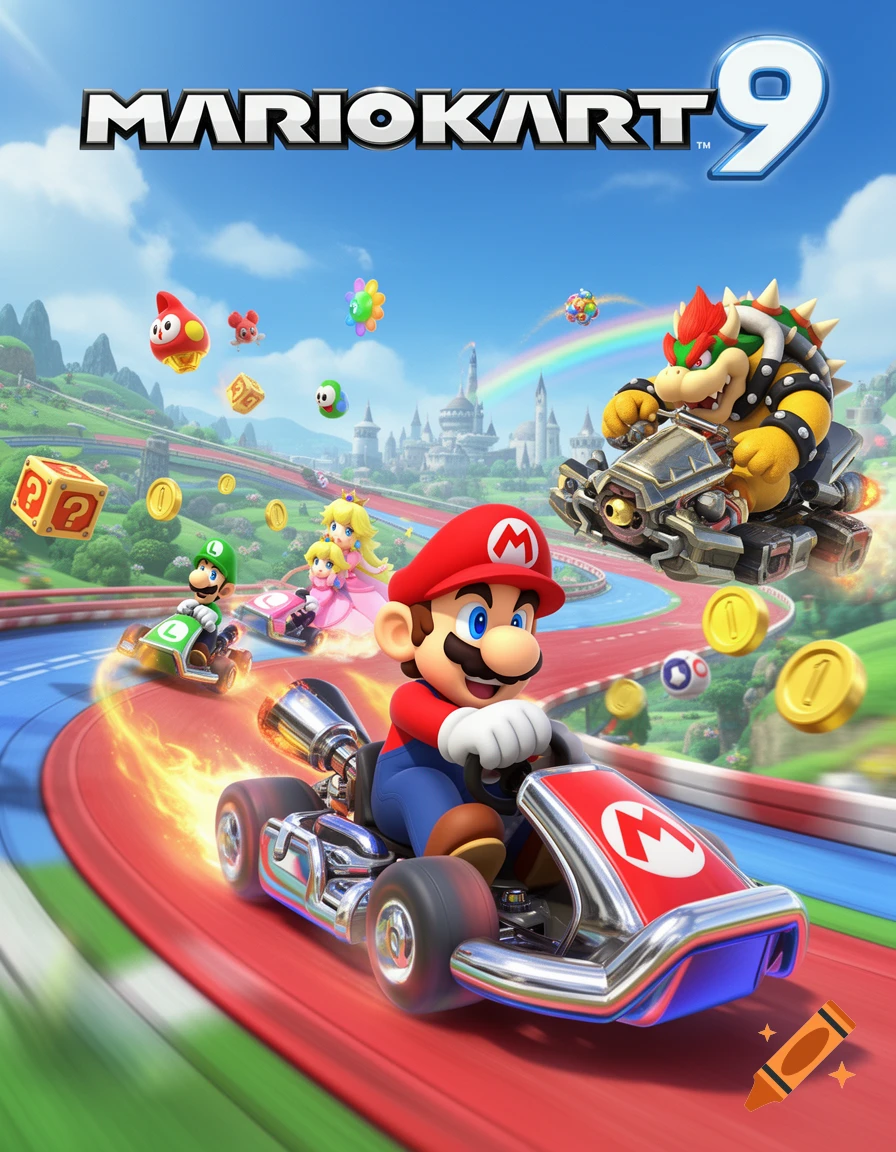 Mario, Luigi, Princess Peach, and Bowser race karts on a colorful track with item boxes and coins under the "MARIOKART 9" logo.