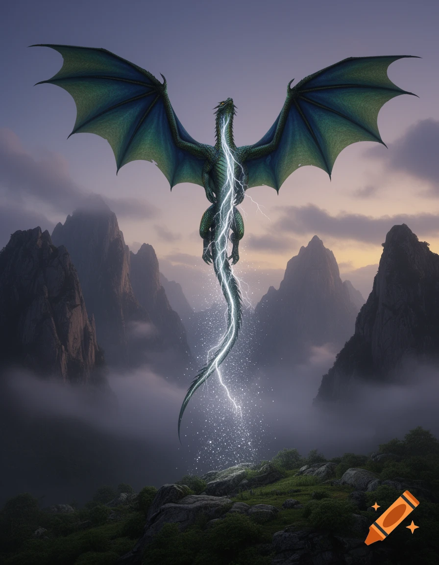 A majestic green dragon with blue wings flies upwards amidst mystical, foggy mountains, a lightning bolt-like energy trail flowing from its body.