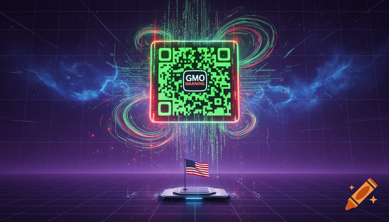 A colossal, neon green QR code with 'GMO WARNING' floats over a tiny American flag on a platform in a vast, purple and blue digital void with data streams.