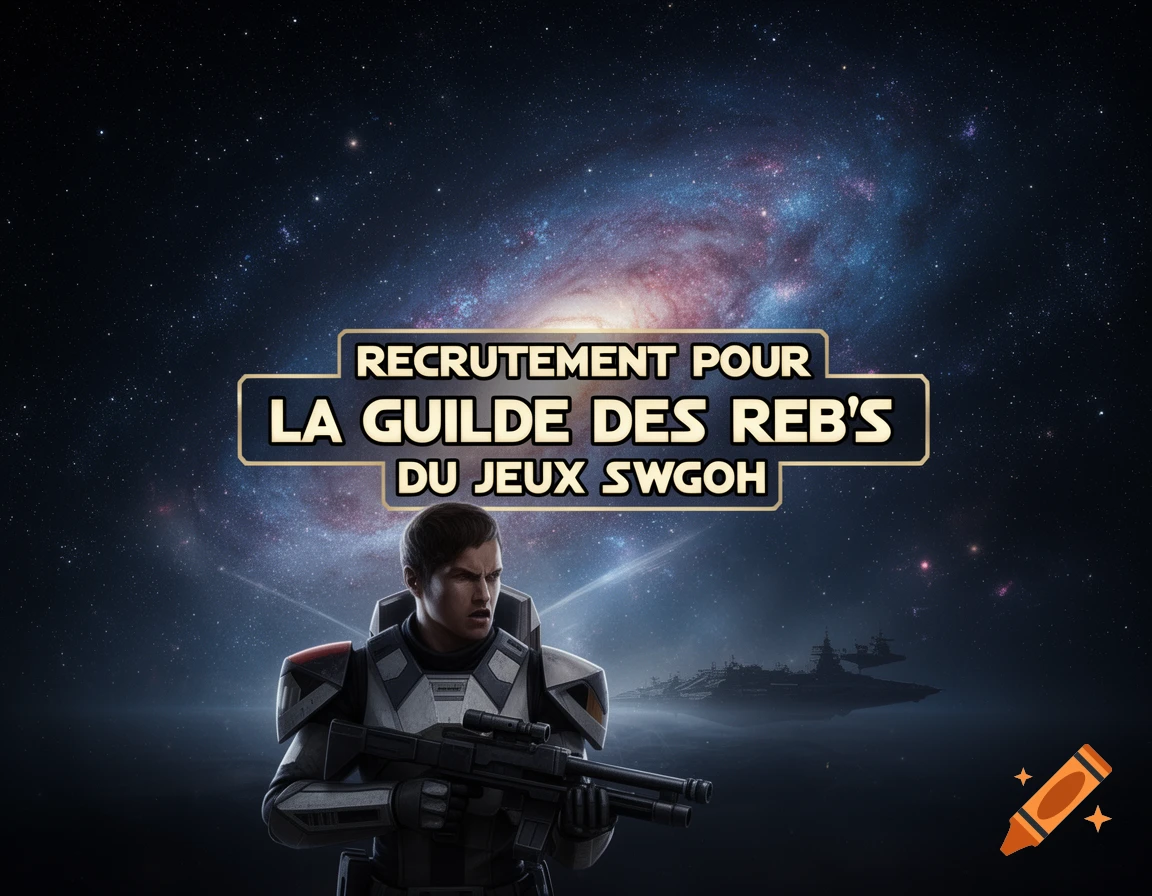 A sci-fi soldier in white and red armor holding a rifle stands before a galaxy and spaceships, with recruitment text overlayed.