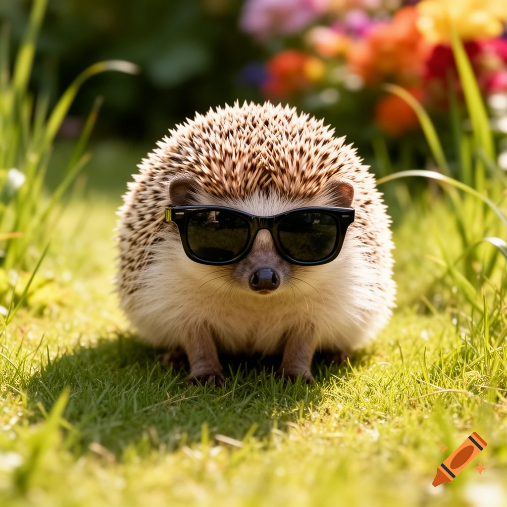 A cute hedgehog wearing black sunglasses stands on green grass with colorful flowers in the blurry background. Photorealistic style.