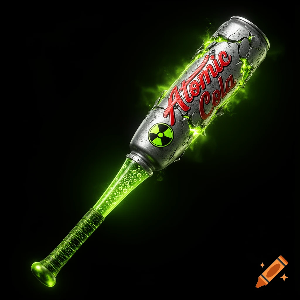 A stylized baseball bat made to look like a distressed 'Atomic Cola' soda can, glowing with neon radioactive green energy.