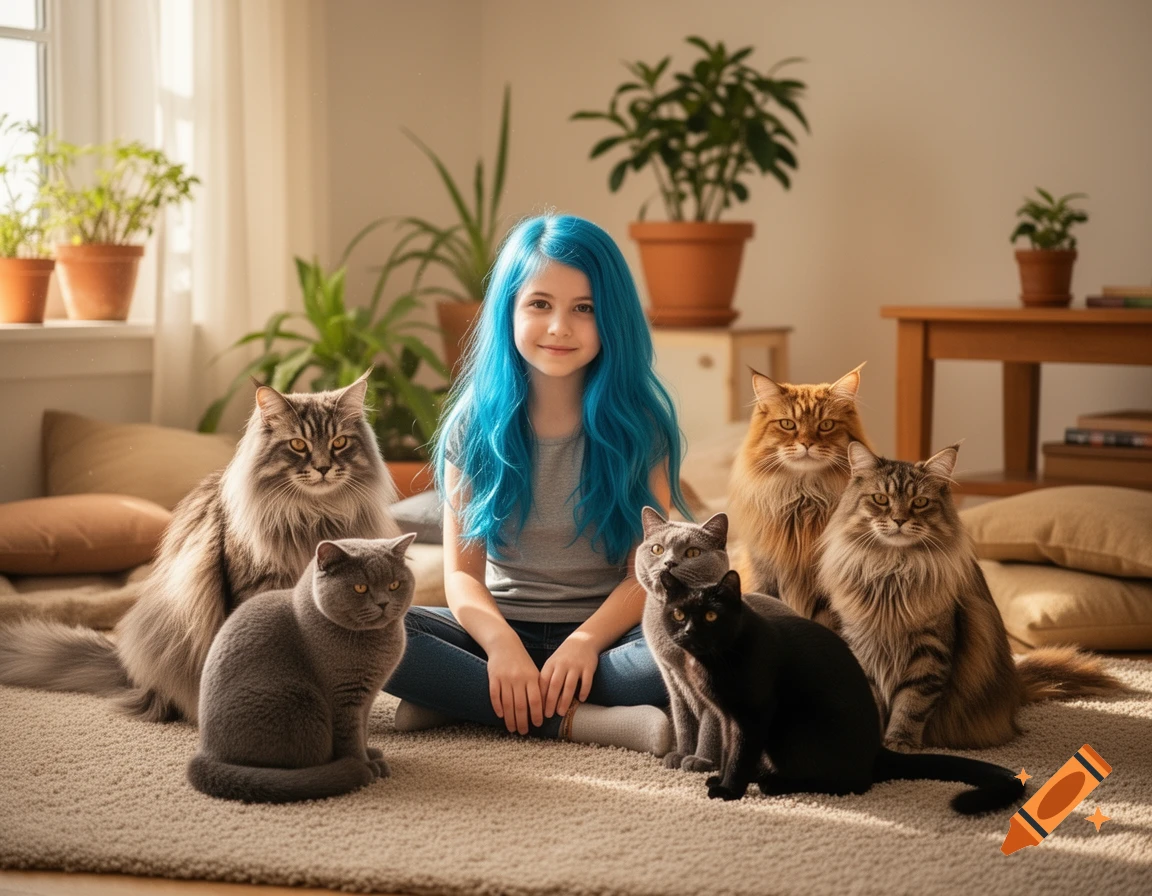 A young girl with bright blue hair sits cross-legged on a rug, smiling softly while surrounded by five cats, including fluffy Maine Coons, a grey British Shorthair, and a black cat, in a sunlit room with potted plants.