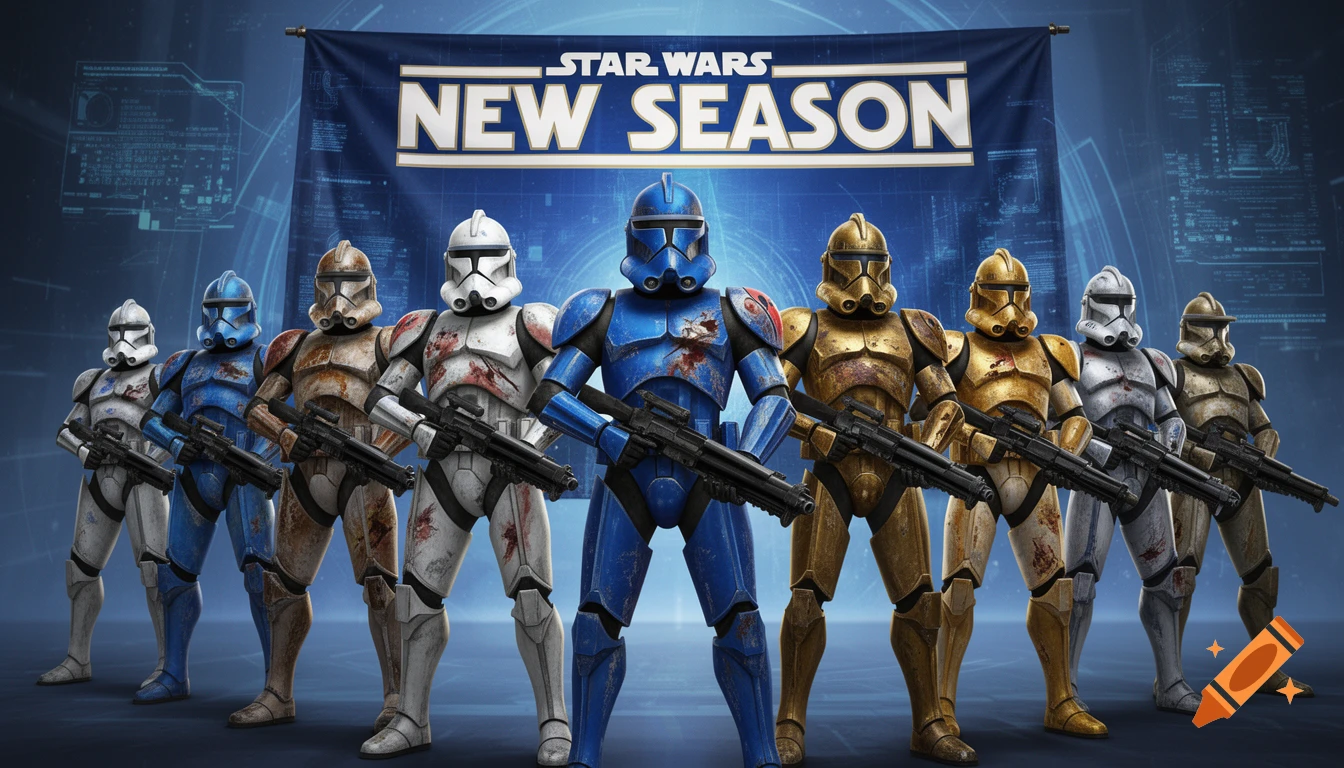 Eight Star Wars Clone Troopers in blue, gold, and weathered white armor hold blasters beneath a 'STAR WARS NEW SEASON' banner.