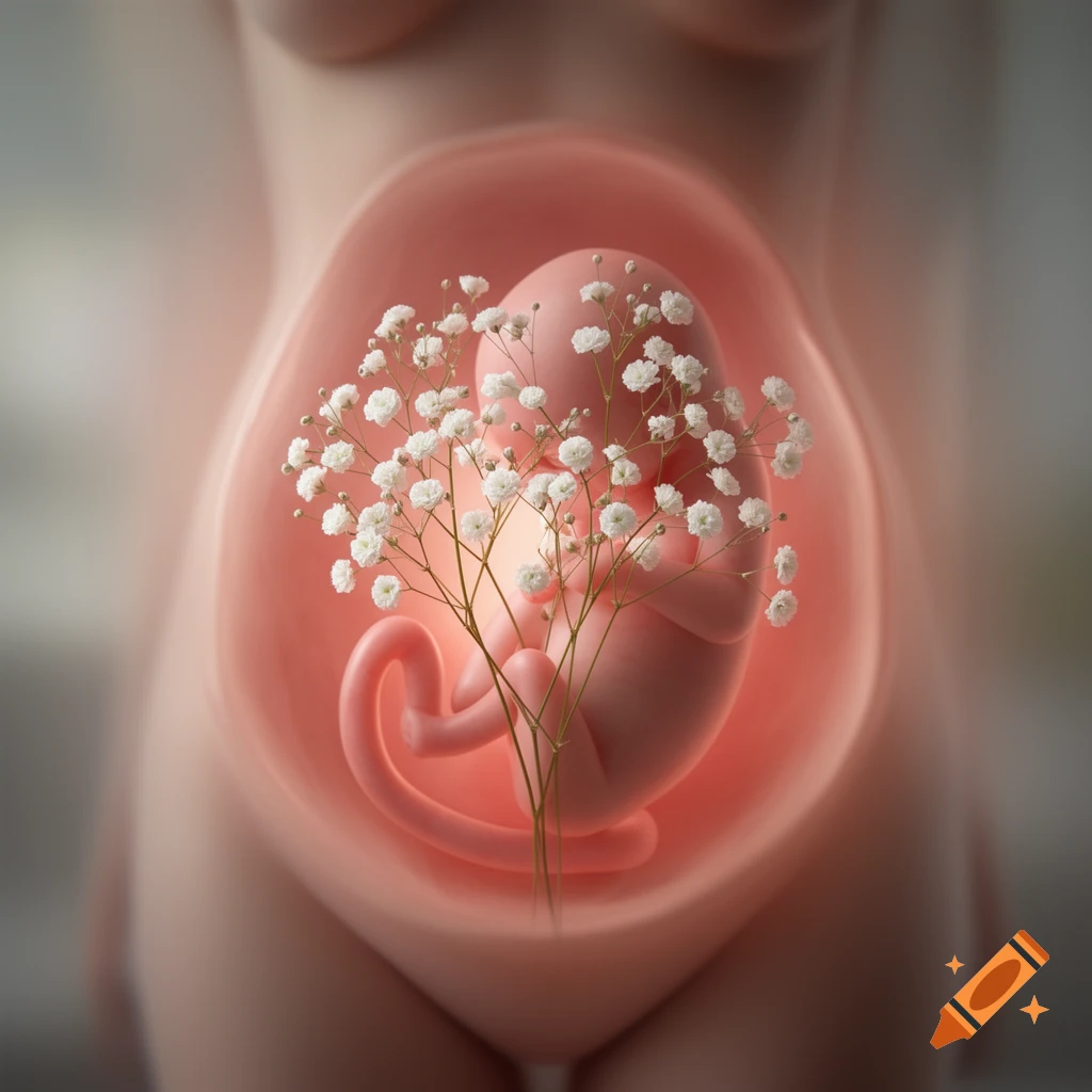 A stylized pink fetus nestled within a womb, surrounded by delicate white baby's breath flowers, depicted in a photorealistic style.