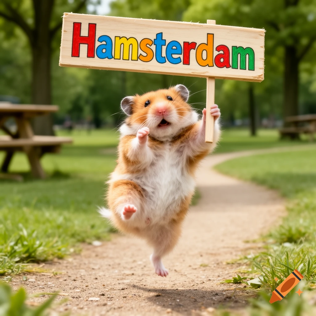 A fluffy hamster jumps on a dirt path in a park, holding a 'Hamsterdam' sign.