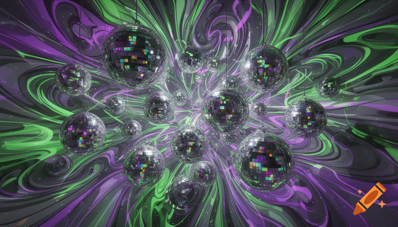 A vibrant abstract image with numerous shimmering disco balls against a background of swirling green and purple patterns.