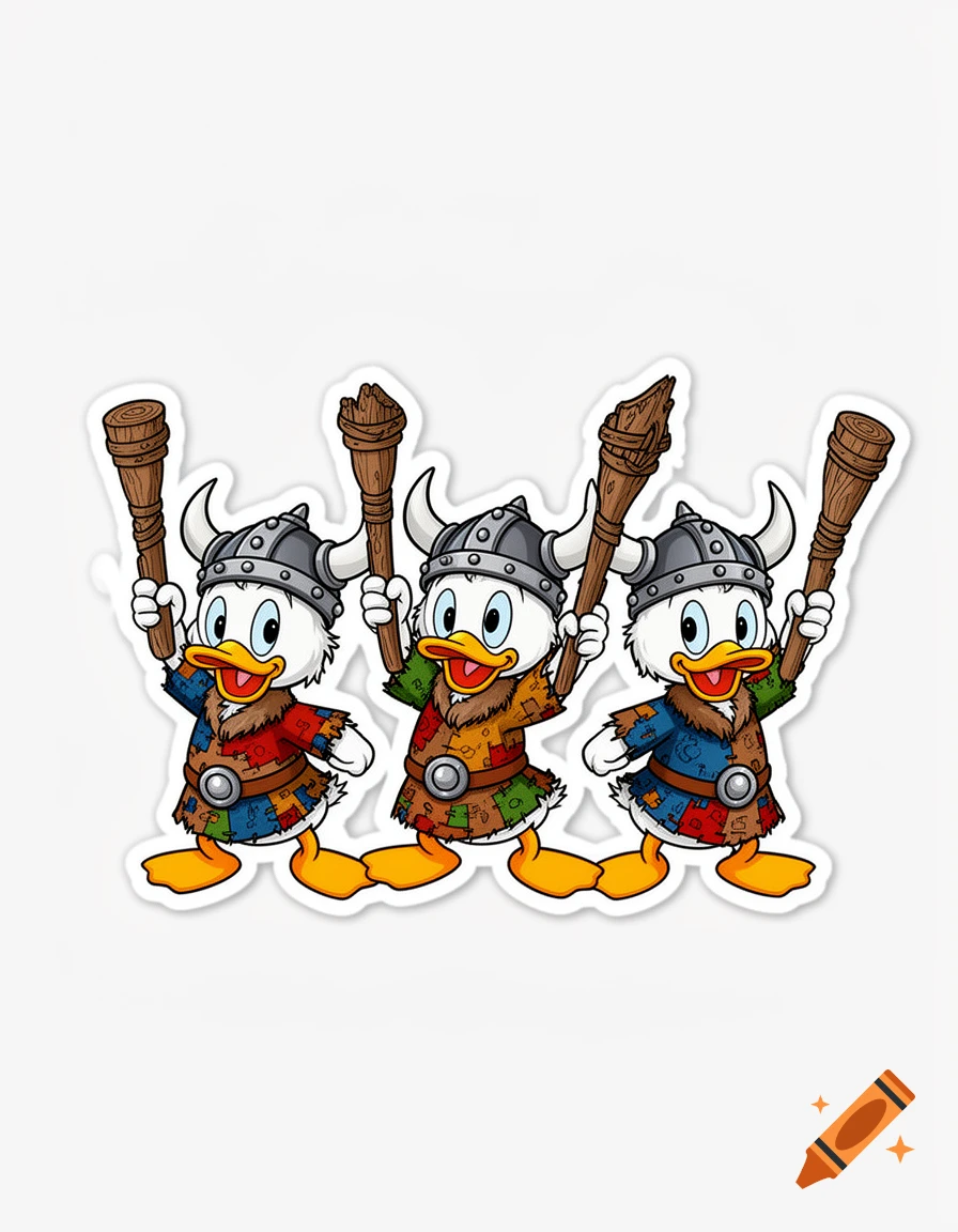 Three cartoon duck nephews, dressed as colorful Viking warriors, holding wooden staffs in a sticker design.