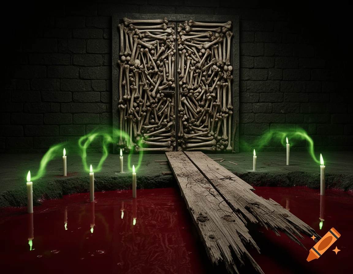 A spooky room with a door made of bones, a blood-red pool with green-flickering candles, and a broken wooden plank.
