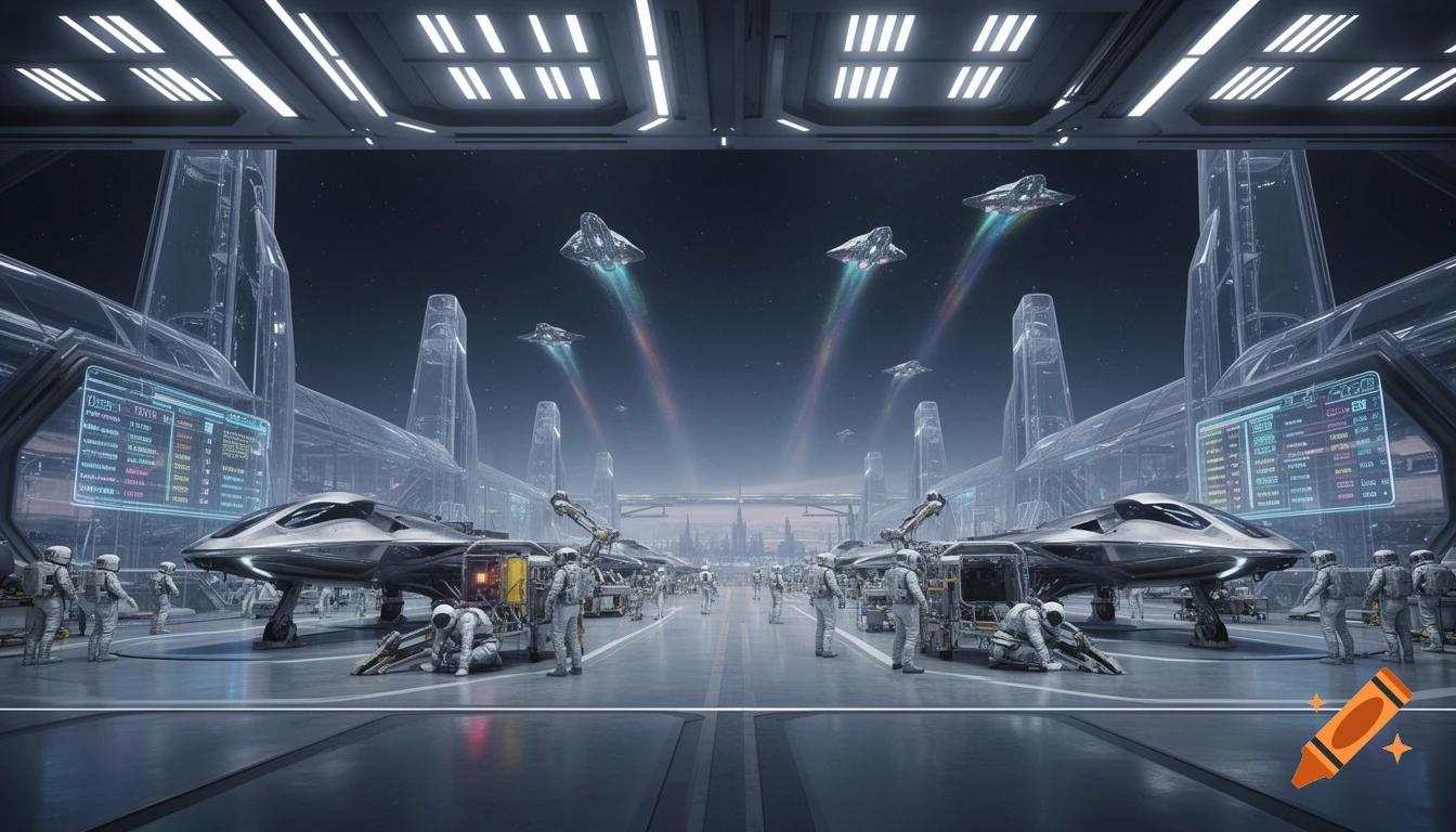 A futuristic spaceport with spaceships taking off, workers in spacesuits, and large transparent buildings.