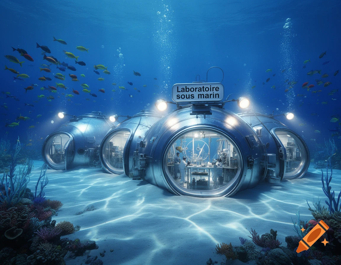A futuristic underwater laboratory with multiple dome-shaped modules on the seabed, surrounded by colorful coral and schools of fish. Sunlight filters through the water.