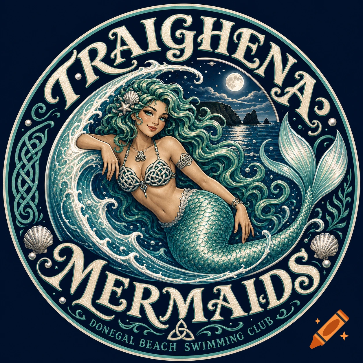 A circular logo featuring a green-haired mermaid with a Celtic bikini top, resting on a wave. A full moon shines over a rocky coast in the background. The logo is encircled by Celtic knot patterns and text reading "TRAIGHENA MERMAIDS DONEGAL BEACH SWIMMING CLUB".