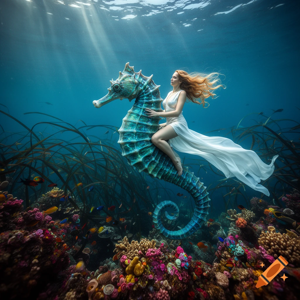 A photorealistic image of a woman in a white dress riding a giant blue-green seahorse over a colorful coral reef, with sunbeams from above.