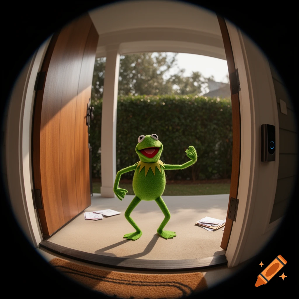 Photorealistic fisheye view of Kermit the Frog standing at a doorstep, waving, as seen through a doorbell camera.