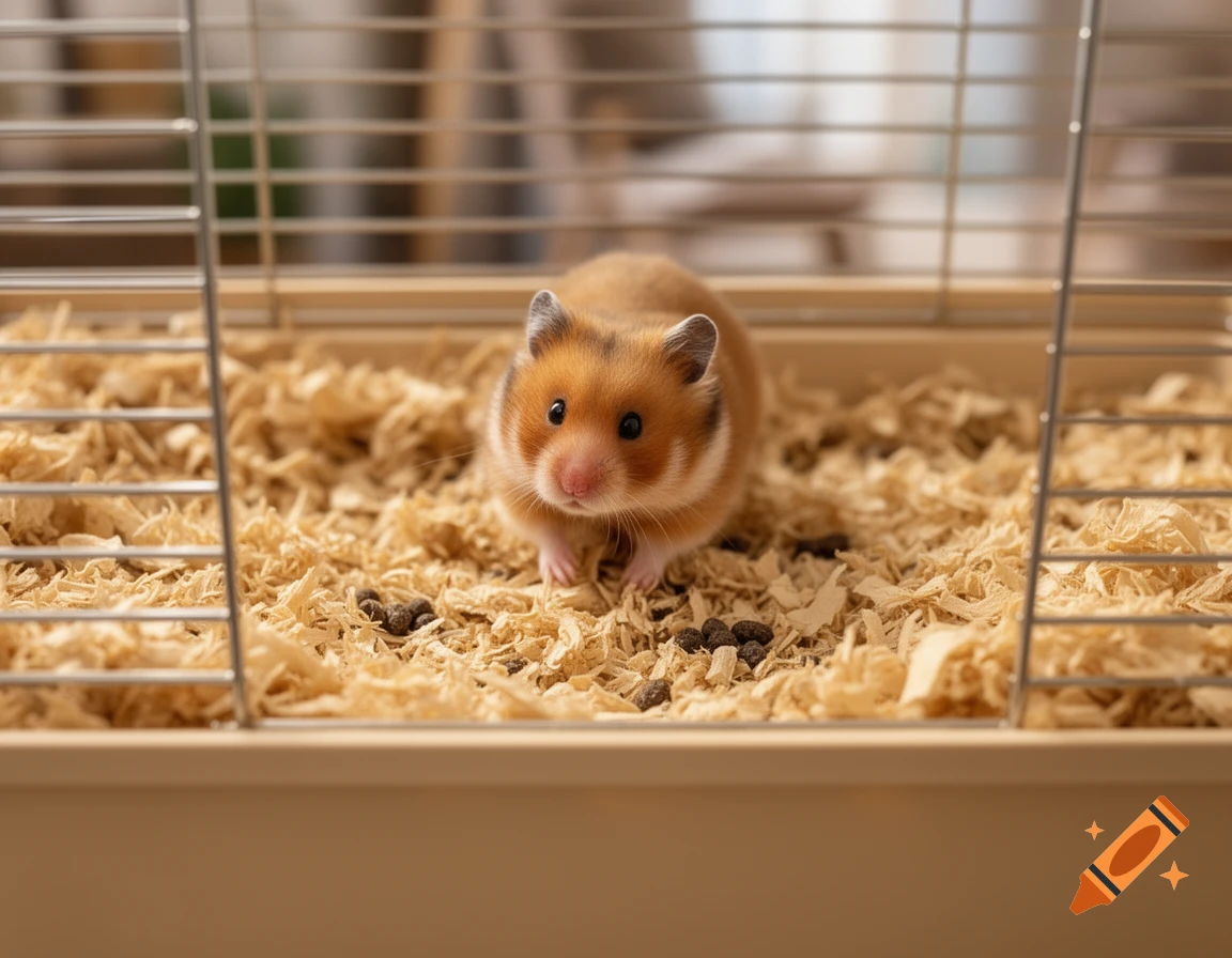 A fluffy brown and white hamster with black eyes looks forward from inside its cage filled with wood shavings and dark pellets.
