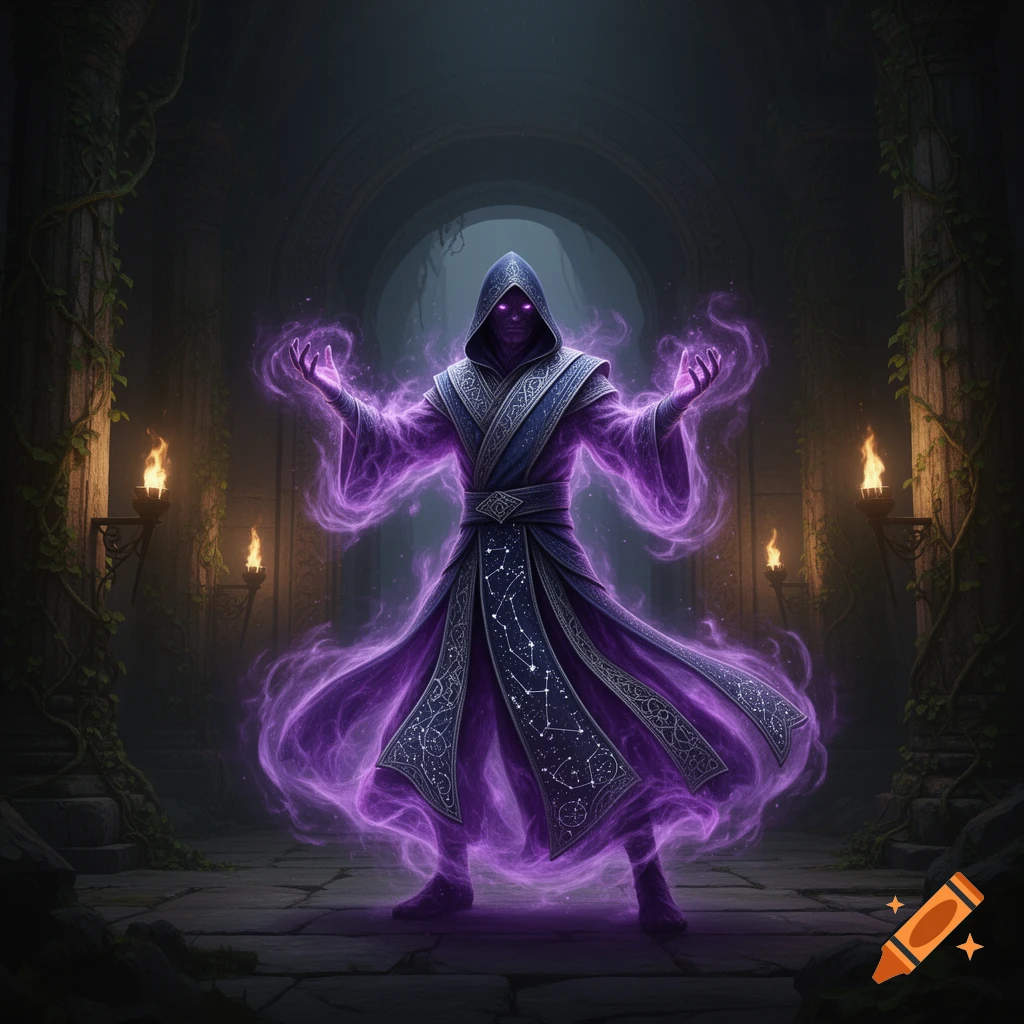 A mysterious hooded figure in ornate robes emanates glowing purple magic in a dark, ancient ruin with torchlight.