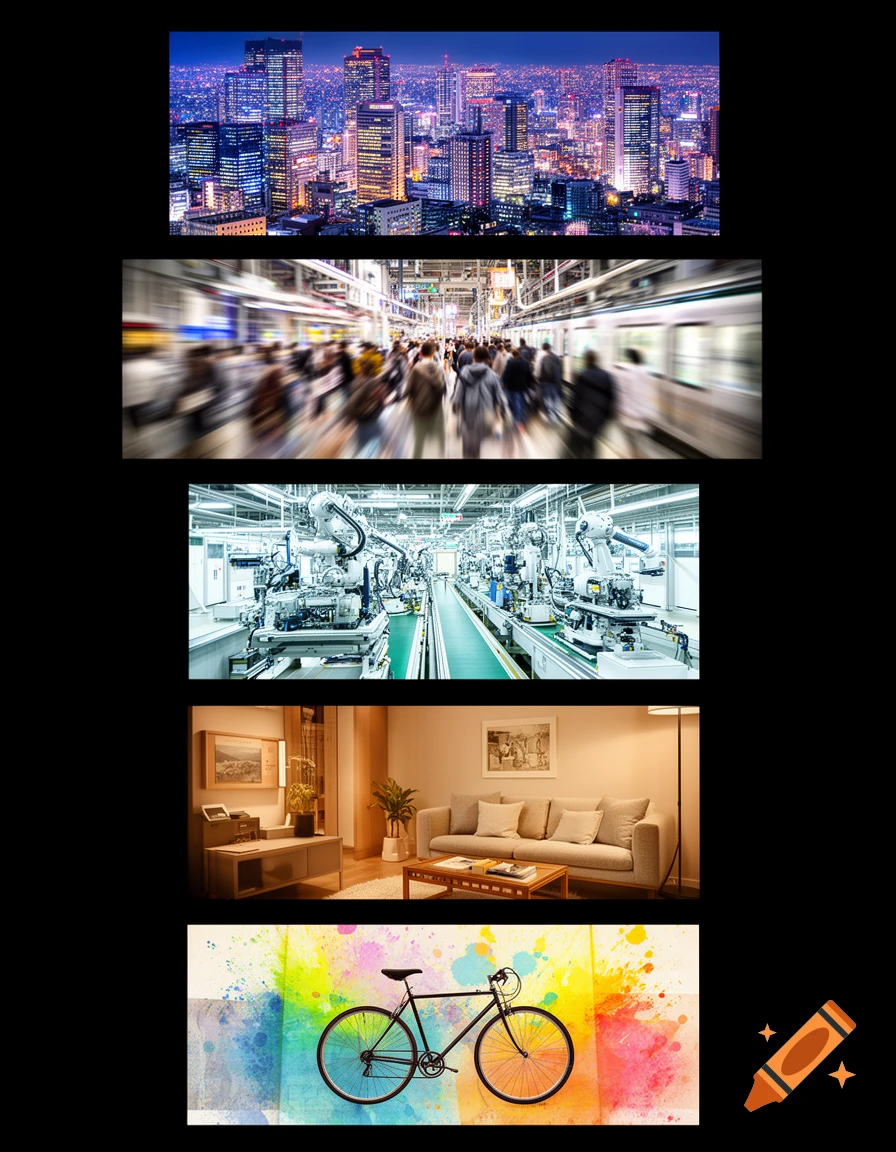 A vertical collage featuring five distinct scenes: a Tokyo cityscape at night, a blurred busy Tokyo commute, a white factory production line, a modern living room, and a black bicycle against a colorful watercolor splash background.