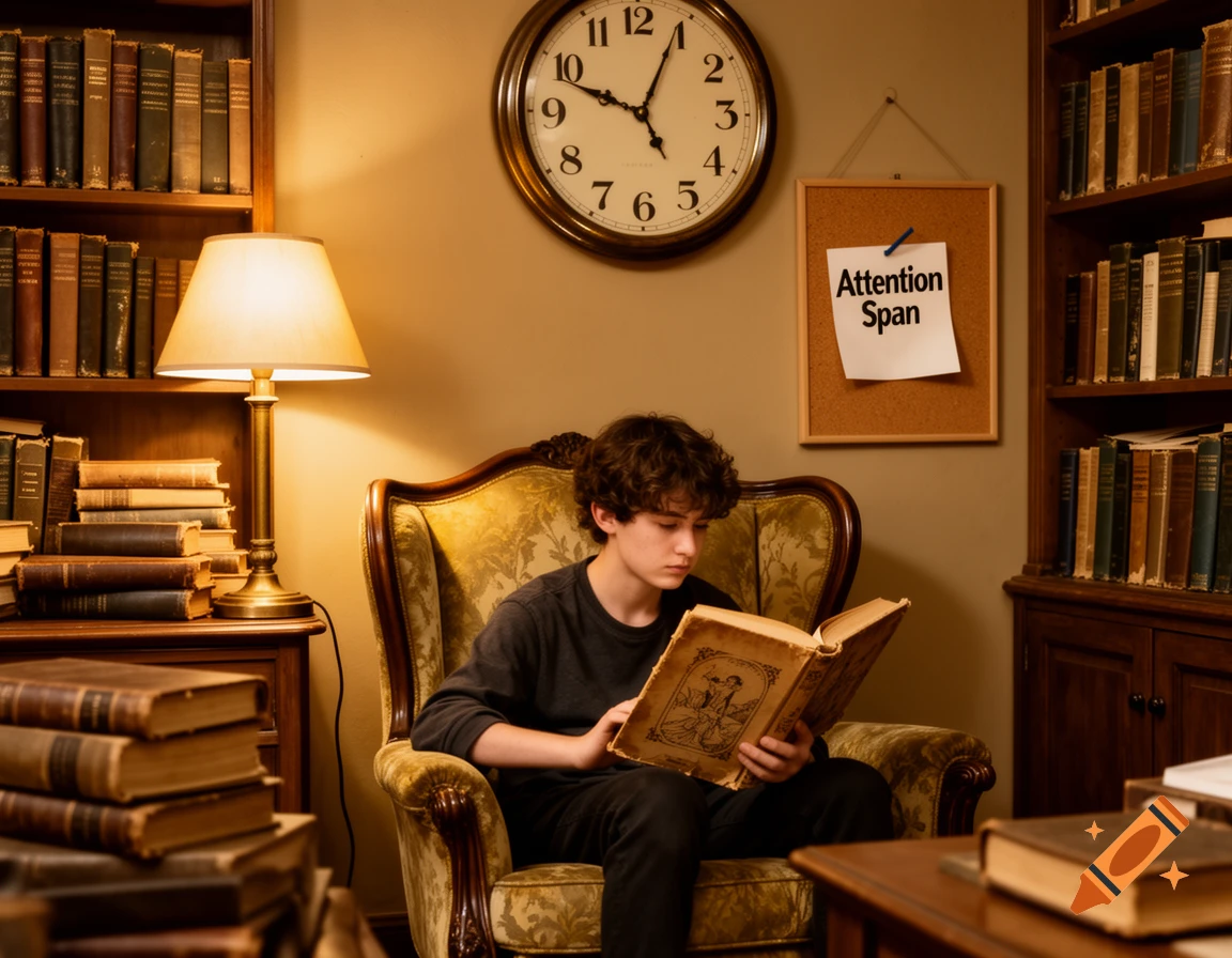 A young person with curly hair sits in an ornate armchair, engrossed in reading an old book in a dimly lit library surrounded by shelves of books. A cork board with "Attention Span" written on a paper is visible on the wall.