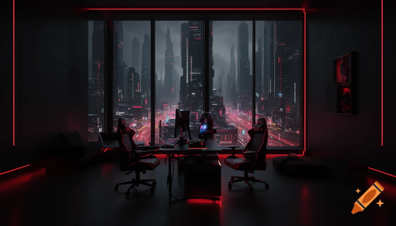 A dark, futuristic gaming room with red neon accents and a large window looking out onto a cyberpunk city at night.