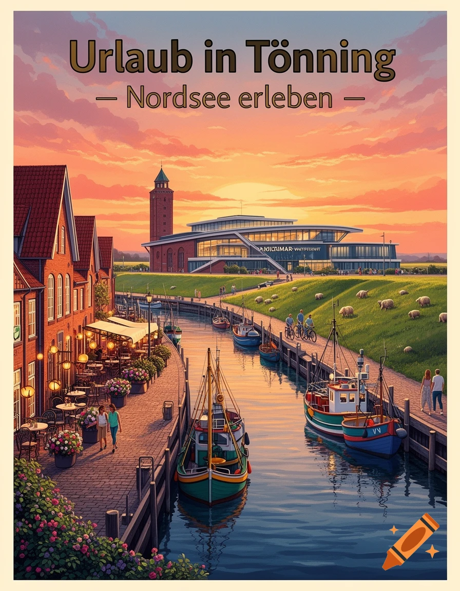 A vibrant vintage-style travel poster shows a tranquil harbor town at sunset with colorful fishing boats, cafes, and people strolling along the water.