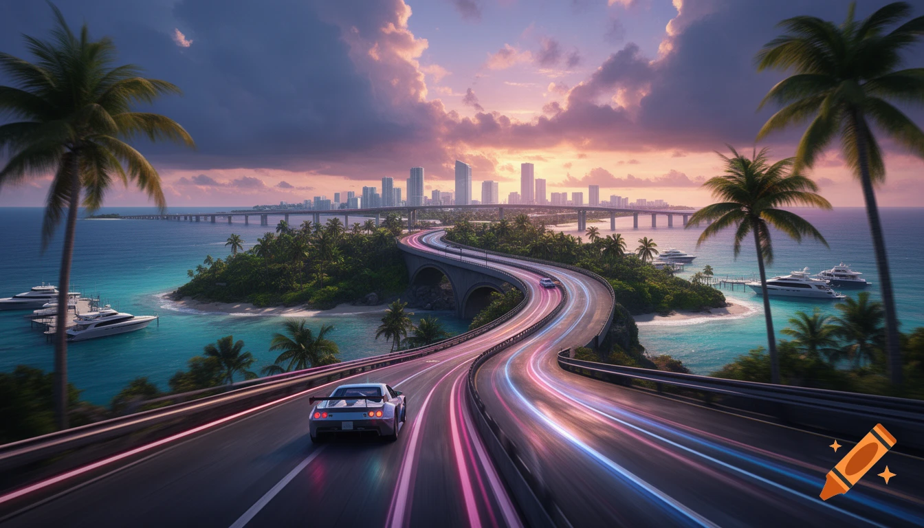Sports car on a winding tropical coastal highway with neon light trails, ocean, palm islands, and a city skyline at colorful sunset, cinematic racing game style.