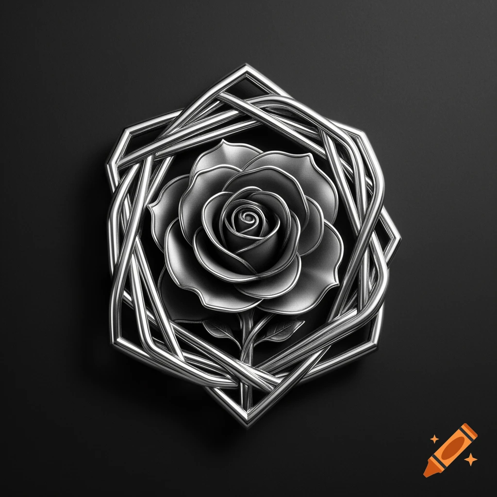 A metallic silver rose, detailed with petals and leaves, intertwined with shiny silver geometric pipes and shapes, on a dark grey background.