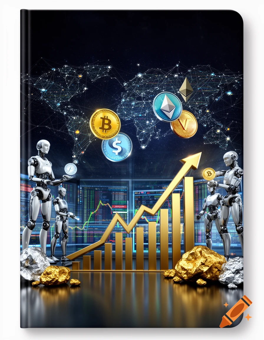 Robots monitor a financial market with a rising stock chart, floating cryptocurrency coins, and piles of gold and silver.